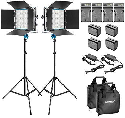 Neewer 2-Pack Dimmable Bi-Color 660 LED Video Lighting Kit with Barndoor and 6.5 feet Light Stand, 4 Rechargeable 6600mAh Li-ion Battery and Charger for Studio Photo YouTube Video Shooting(Blue)