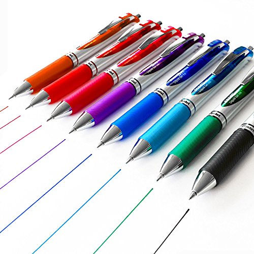 Pentel EnerGel XM BL77 - Retractable Liquid Gel Ink Pen - 0.7mm - Pack of 8 Mixed Pens (Black, Green, Light Blue, Blue, Purple, Pink, Red, Orange)
