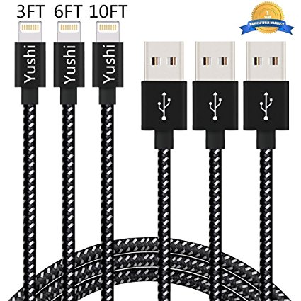 iPhone Cable,Yushi 3Pack 3FT 6FT 10FT Nylon Braided Lightning Cable Cord to USB Charging Charger for iPhone 7/7 Plus/6/6 Plus/6S/6S Plus,SE/5S/5,iPad,iPod(Black White)