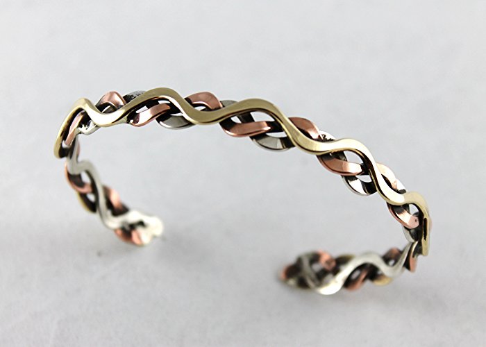 Brass, Copper and Sterling Silver Woven Cuff