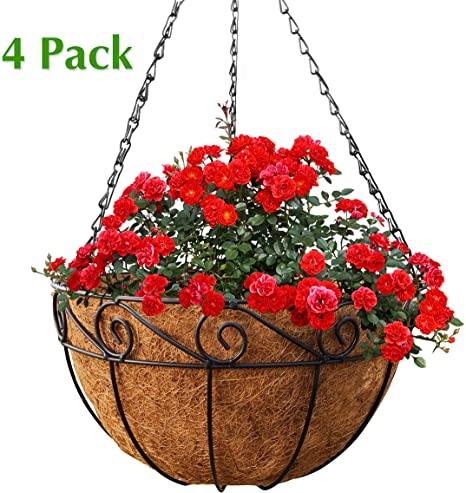 Gray Bunny Metal Hanging Planter Basket with Coco Liner, 4 Pack 10 in Diameter, Hanging Flower Pot, Round Wire Plant Holder, Watering Basket, Chain Porch Decor, for Lawn, Patio, Garden, Deck