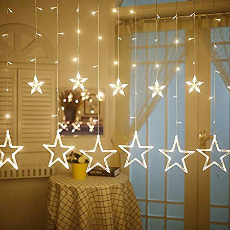 Kuber Industries 138 LED Curtain String Lights with 8 Flashing Modes Decoration (12 Stars, Warm White) -DECOR620