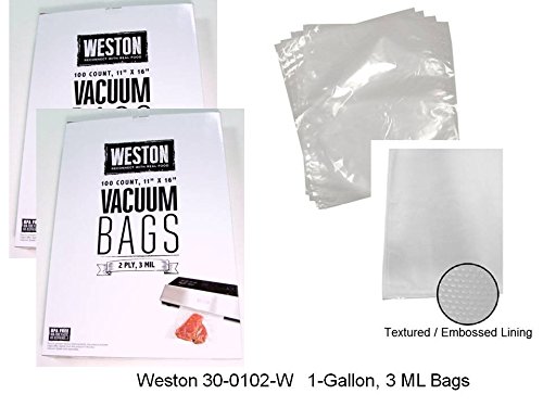 2-PACK (100 bags per pack) Weston 1-Gallon 11" x 16" 2 Ply, 3ml Commercial Grade VACUUM BAGS 30-0102-W