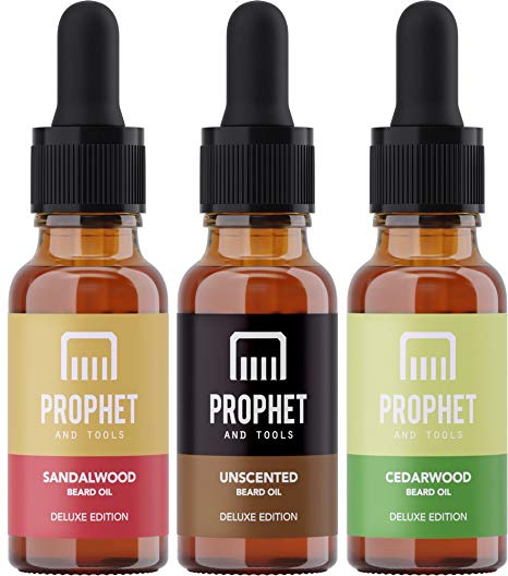DELUXE EDITION 3 Beard Oils Set: Sandalwood, Cedarwood and Unscented - USA's TOP FAVORITE! Conditioner, Softener, Shine and Thicker Beard Growth - NUTS-FREE, VEGAN & HALAL! Prophet and Tools