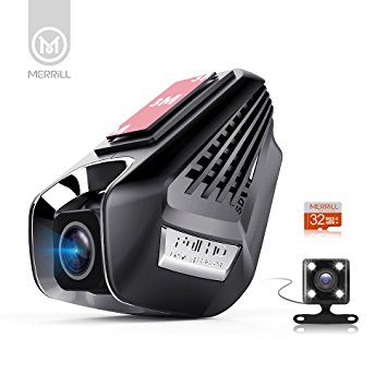 MERRiLL Dash Cam WiFi 1296P 15 megapixel Hidden Camera Dual lens 170° Wide Angle Night Vision and 32GB card