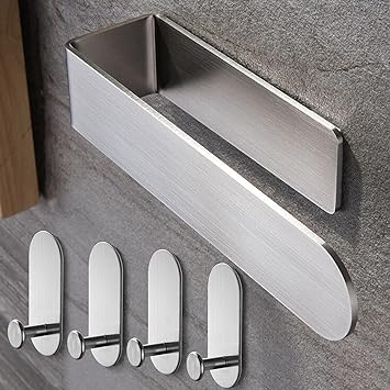 Taozun Towel Rail - Hand Towel Holder with 4 Pack Self Adhesive Hooks, SUS 304 Stainless Steel Bathroom Kitchen Accessory, No Drilling (Silver）
