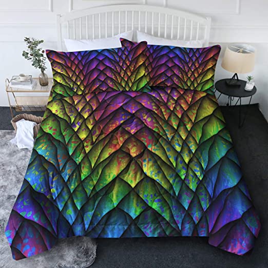 BlessLiving 3 Piece Dragon Scales Comforter Set with Pillow Shams – Rainbow Bedding Set with 3D Printed Designs Reversible Comforter Twin/Twin XL Size – Soft Comfortable Machine Washable