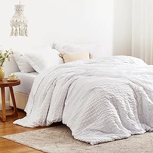 Love's cabin Seersucker White 7 Pieces Comforter Set Full, All Season Lightweight Bedding Set, Full Bed in a Bag Comforter Set with Comforter, Flat Sheet, Fitted Sheet, Pillowcase and Pillow Sham