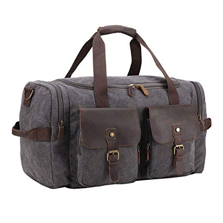 Mens Weekend Duffel Bag Canvas Overnight Travel Bags Genuine Leather Trim (Dark Grey)