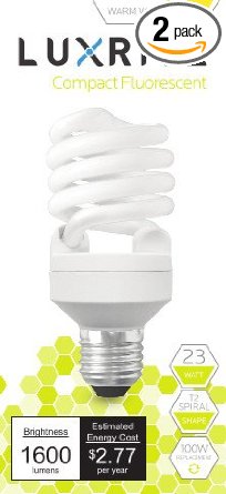 Luxrite LR20195 (2-Pack) 23-Watt CFL T2 Mini Spiral Light Bulb, Equivalent To 100W Incandescent, Warm White 2700K, 1600 Lumens, E26 Standard Base