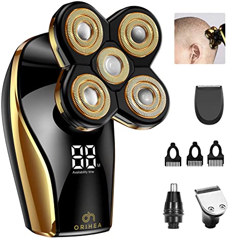 OriHea Head Shavers for Bald Men-OriHea Electric Razor for Men with LED Display, Faster-Charging 5D Floating Waterproof Mens Shaver with Hair Clippers Gold