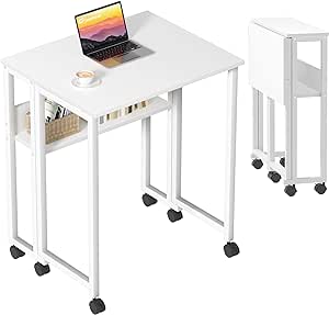 GreenForest Folding Desk White Desk with Storage Shelf,24.8 inch Foldable Computer Desk with Wheels Small Desk for Small Space,Easy Assembly,Pure White