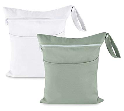 Wet Bags | Sweet Baby Carrot: 2-Pack Wet/Dry Bags Set for Baby Diapers & Clothes| Sturdy, Reusable & Waterproof | 2 Zippered Pockets & Easy-Carry Handle| Top Travel Organizer Accessory (Gray & White)