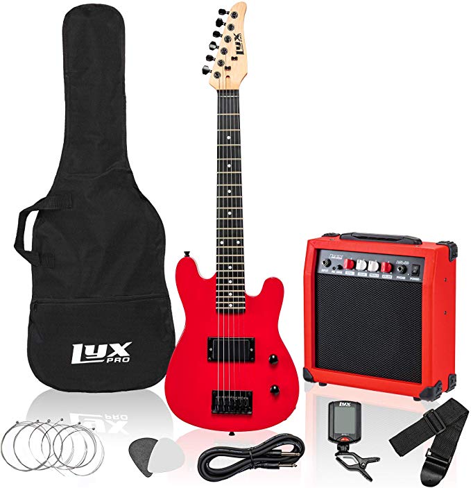 LyxPro 30 Inch Electric Guitar and Starter Kit Bundle for Kids with 3/4 Size Beginner’s Guitar, Amp, Six Strings, Two Picks, Shoulder Strap, Digital Clip On Tuner, Guitar Cable and Soft Case Gig Bag