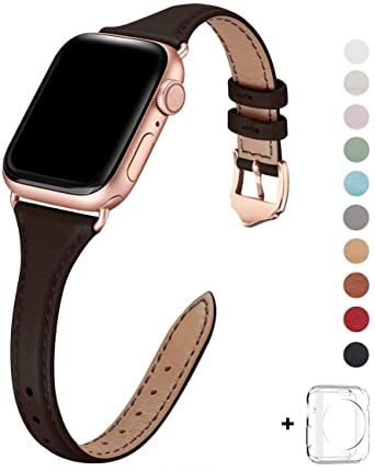 WFEAGL Leather Bands Compatible with Apple Watch 38mm 40mm 42mm 44mm, Top Grain Leather Band Slim & Thin Wristband for iWatch Series 5 & Series 4/3/2/1 (Dark Brown Band Rose Gold Adapter, 38mm 40mm)