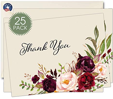 25 Funeral Thank You Sympathy Acknowledgement Watercolor Floral Note Cards WITH INSIDE MESSAGE includes matching Envelopes, Bulk Funeral Thank You Notes
