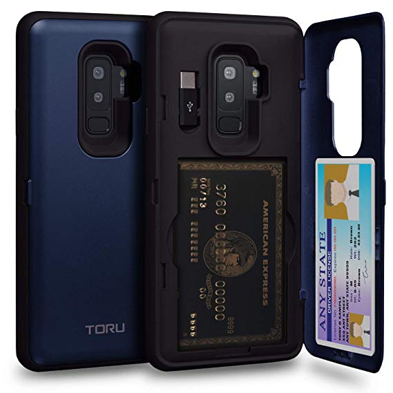 TORU CX PRO Galaxy S9 Plus Wallet Case Blue with Hidden Credit Card Holder ID Slot Hard Cover, Mirror & USB Adapter for Samsung Galaxy S9 Plus - Navy Blue
