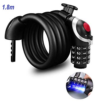 Bicycle LED Bike Lock Security Combination Cable 180cm Length Locks Heavy Duty Chain Lock 4 Digital Ressetable Number for Scooter, Stroller, Gate, Outdoors