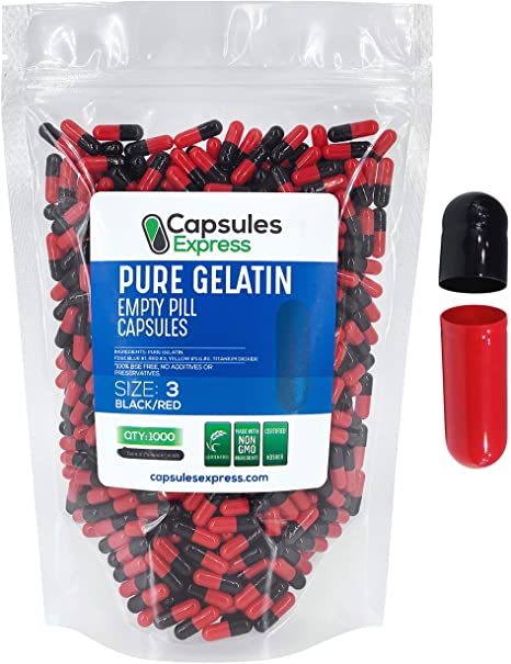 Capsules Express- Size 3 Black and Red Empty Gelatin Capsules- Kosher - Pure Gelatin Pill Capsule - DIY Powder Filling (1000)
