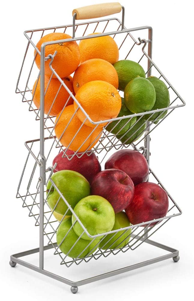 EZOWare Fruit Stand with 2 Hanging Mini Baskets, Kitchen Produce Countertop Display Holder - Storage Organiser for Fruits Veggies Snacks Household Items - Silver Metal