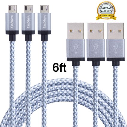 Cablex 3 Pack 6FT Extra Long Nylon Braided Micro USB Cable High Speed USB 2.0 A Male to Micro B Sync and Charging Cord Wire Universal for Samsung, HTC, Motorola, Nokia, Android, and More(White)