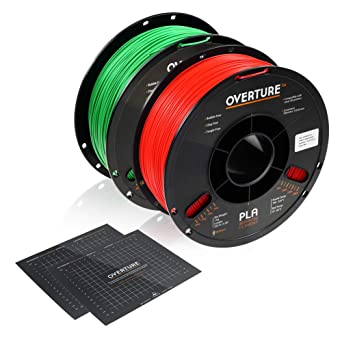 OVERTURE PLA Filament 1.75mm with 3D Build Surface 200mm × 200mm, 2kg PLA Multipack (2.2lbs/ Spool), Dimensional Accuracy  /- 0.05 mm, Fit Most FDM Printer, Green   Red, 2-Pack