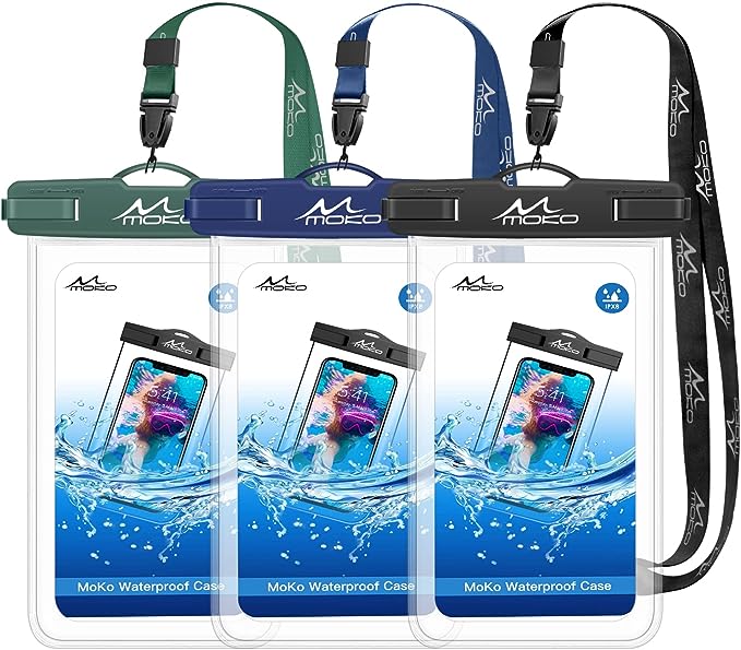 MoKo Waterproof Phone Pouch 3Pack, Underwater Clear Phone Case Dry Bag with Lanyard Compatible with iPhone 14 13 12 11 Pro Max, X/Xr/Xs, SE 3/2, Samsung S21/S9, Note 10, Indigo Army Green Black