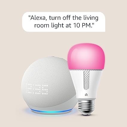 Echo Dot (5th Gen, 2022 release) with Clock in Glacier White bundle with TP-Link Kasa Smart Color Bulb