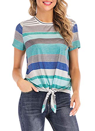 CEASIKERY Women's Blouse Short Sleeve Knotted Printed Striped T-Shirt Tops for Women Casual