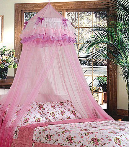 Triple Flower Elegant Lace Bed Mosquito Netting Ruffle Princess Pink Mesh Canopy Round Dome Bedding Net