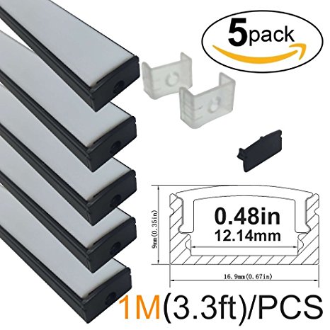 LightingWill 5-Pack 3.3ft/1M 9x17mm Black U-Shape Internal Width 12mm LED Aluminum Channel System with Cover, End Caps and Mounting Clips Aluminum Profile for LED Strip Light Installations-U02B5