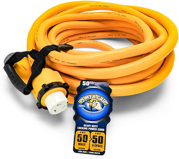 Camco 50’ PowerGrip Marine Extension Cord with 50M/30F Locking Adapters | Allows for Easy Boat Connection to Distant Power Outlets | Built to Last (55623)