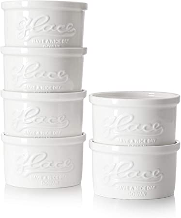 DOWAN Ramekins, 240ml 10cm(4") Porcelain Souffle Dishes Embossed Souffle Creme Brulee for Baking and Dipping Sauces - Set of 6, White