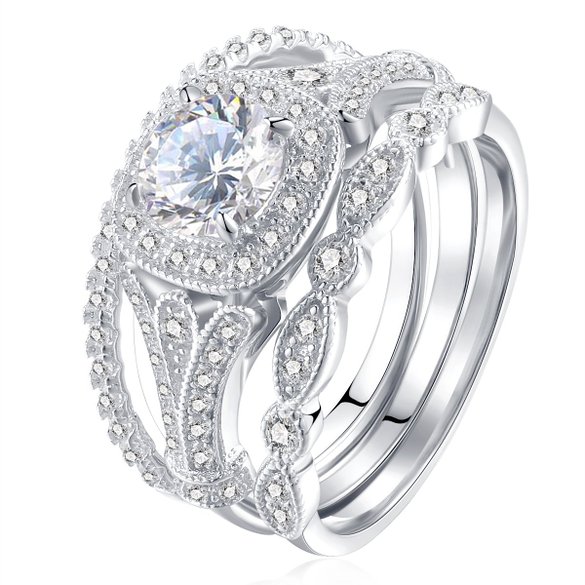 Newshe Bridal Set 2ct Round Cut White Cz 925 Sterling Silver Wedding Engagement Ring Set 5-12