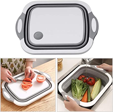 Coolnice 1 Pack Collapsible Cutting Board with Colander 4 in 1 Multifunction Foldable Kitchen Chopping Board Sink Washing Bowl Draining Basket with Drainage Hole for Kitchen Camping BBQ -Gray