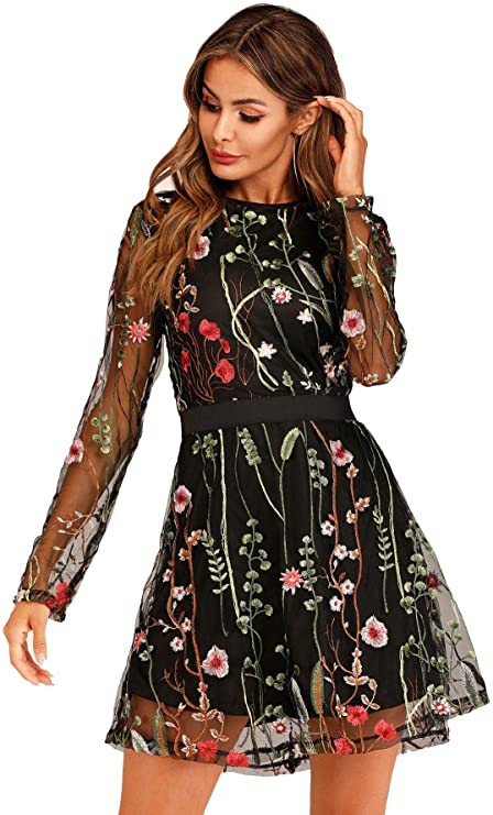 Milumia Women's Floral Embroidery Mesh Round Neck Tunic Party Dress