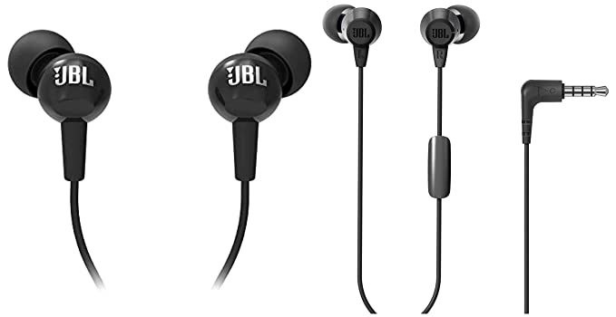 JBL C100SI Wired in Ear Headphones with Mic, Pure Bass Sound, One Button Multi-Function Remote, Angled Buds for Comfort fit (Black) & C50HI, Wired in Ear Headphones with Mic