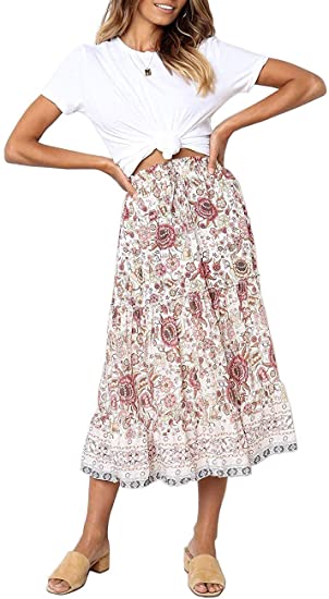 MEROKEETY Women's Boho Floral Print Elastic High Waist Pleated A Line Midi Skirt with Pockets