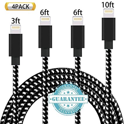 DANTENG iPhone Cable 4 Pack 3FT, 6FT, 6FT, 10FT, Extra Long Charging Cord Nylon Braided 8 Pin to USB Lightning Charger for iPhone 8 , 8, 7, SE, 5, 5s, 6s, 6, 6 Plus, iPad Air, Mini, iPod (BlackWhite)