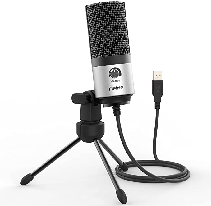 FIFINE Recording Microphone with Volume Control for Zoom, Video Meeting, Online Class on PC/Laptop, Metal Condenser Desktop Mic for Windows and Mac, Silver - K669S