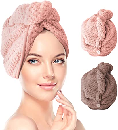 Microfiber Hair Towel Wrap, 2 Pack Hair Turban Towel Super Absorbent Twist Turban Dry Hair Caps with Buttons Bath Loop Fasten Salon Dry Hair Hat(Pink&Brown )