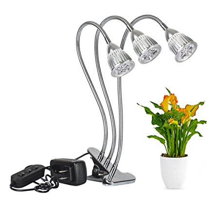 Three-Head LED Grow light, 15W Desk Clip Grow Lamp with 360 Degree Flexible Gooseneck and Three Separate on/off Switch Hydroponic System Flowering Growing Greenhouse Lights for Indoor Plants