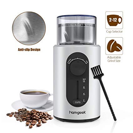 Homgeek Electric Coffee Grinder, Spice Grinder 2.5 Ounce with Cup Size and Coarseness Selector, Stainless Steel Blades, Removable Chamber