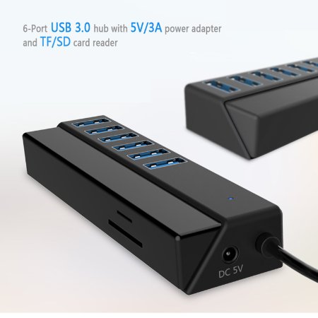 Masvoker 6 Ports Multi-Function USB 30 HUB Built in SDampTF Card Reader with DC 5V Charging Adapter