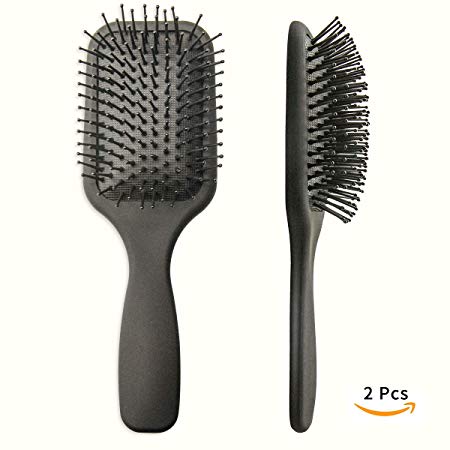 hiLISS 2 PCS Pro Paddle Brush With Nylon Round Head Pins,Cushioned brushes helps prevent damage like tearing and splitting, Improve hair Texture. (Matte Black)