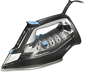 Hamilton Beach Steam Iron for Clothes & Garment Steamer with Intuitive FabricIQ Touchpad, Durable Stainless Steel Soleplate, 3-Way Auto Shutoff, 1800 Watts, 350ml Water Tank, 10' Cord, Black (14950)