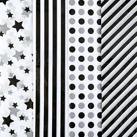 Konsait Black White Tissue Paper, Stars Stripes Dots Prints Tissue Paper Bulk for Gift Wrapping, Tissue Wrap Paper for Graduation Birthday Wedding Shower Party Favors Decoration Supplies 27.6" x 19.7"