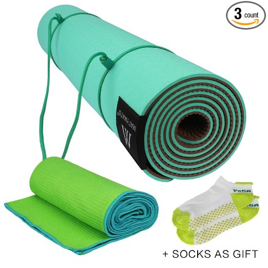 Matymats Yoga Kit - Non Slip Yoga Mat TPE Thick 1/4’’, 72’’×24’’   Skidless Yoga Towel Yoga Starter Sets for Hot Yoga, Pilate, Gymnastics, Bikram, Meditation