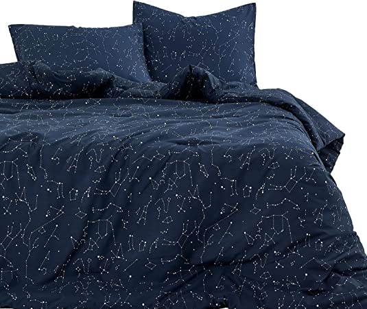 Wake In Cloud - Constellation Quilt Cover Set, White Space Stars Pattern Printed Navy Blue, Soft Microfiber Doona Cover Bedding (3pcs, Queen Size)