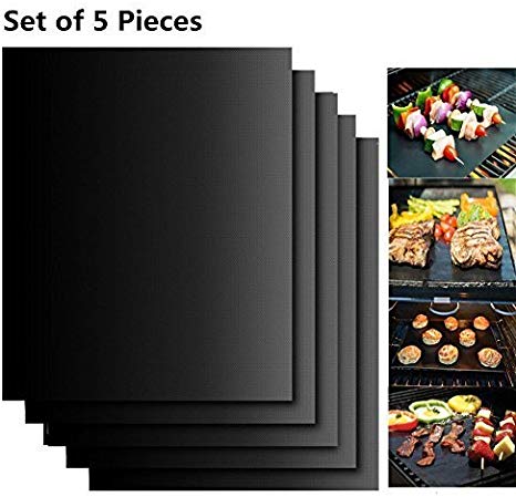 BBQ Grill Mat Set of 5 - Non Stick Oven Liner Teflon Cooking Mats - Reusable, Durable, Easy to Clean, Barbecue Sheets For Grilling Meat, Veggies, Seafood, Eggs - Ideal for Charcoal Grill